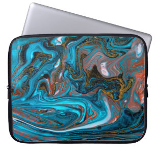 Housse Pour Ordinateur Portable Motif marbré bleu et or. Liqu de marbre doré