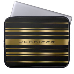 Housse Pour Ordinateur Portable Motif Monogramme Gold & Black Stripes