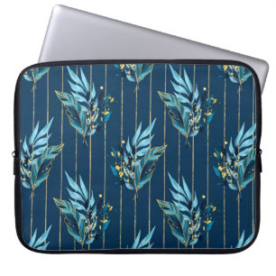 Housse Pour Ordinateur Portable Motif sans couture avec feuilles bleus et rayures