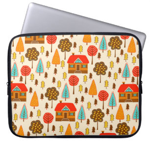 Housse Pour Ordinateur Portable Motif sans couture avec maisons dans la forêt. Vin