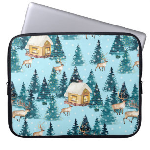 Housse Pour Ordinateur Portable Motif sans couture avec village d'hiver dans la fo