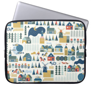 Housse Pour Ordinateur Portable Motif sans couture avec village scandinave dans le
