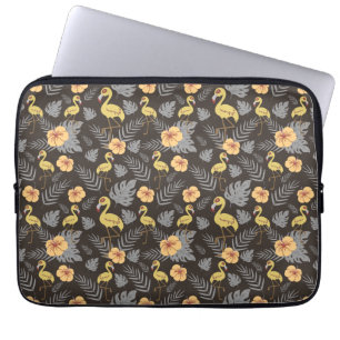 Housse Pour Ordinateur Portable motif sans couture Flamant rose avec fleurs et feu