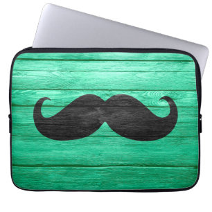 Housse Pour Ordinateur Portable Moustache noire sur bois cyan