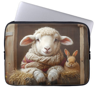 Housse Pour Ordinateur Portable Moutons et lapin douillets en Grange avec Fleurs