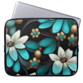 HOUSSE POUR ORDINATEUR PORTABLE NOIR AVEC AQUA ET FLEURS DÉLICATES BLANCHES