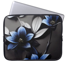 HOUSSE POUR ORDINATEUR PORTABLE NOIR AVEC FLEURS BLEU FONCÉ