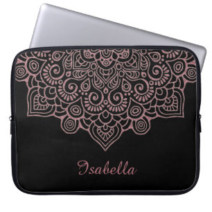 Housse Pour Ordinateur Portable NOIR complexe de mandala de dentelle d'or rose