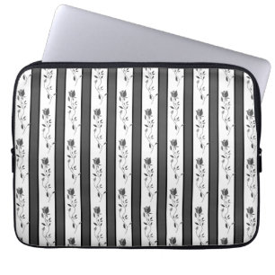 Housse Pour Ordinateur Portable Noir et blanc gris vintage rayé avec des roses 