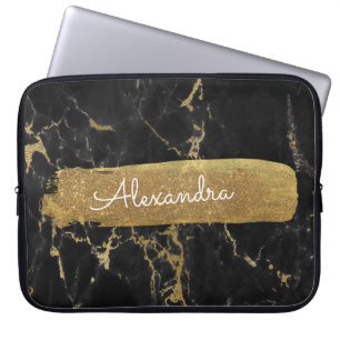 Housse Pour Ordinateur Portable Noir et marbre avec la feuille d'or et les parties