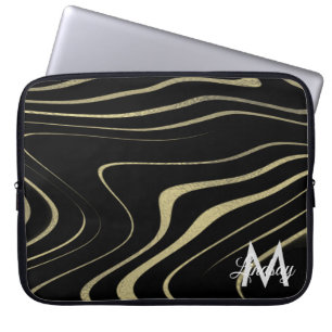 Housse Pour Ordinateur Portable Noir Or Faux Feuille Tourbillons Monogrammé