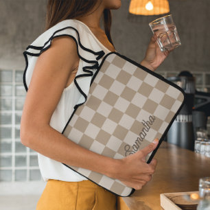 Housse Pour Ordinateur Portable Nom de script Taupe Beige Checkers