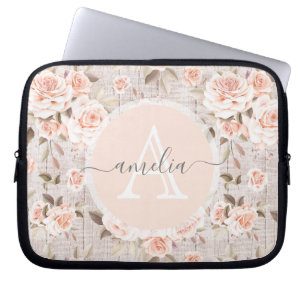 Housse Pour Ordinateur Portable Nom du monogramme Bois rustique et Roses Vintages 