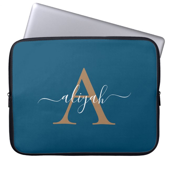 Housse Pour Ordinateur Portable Nom Du Script Monogramme Marine Et Or (Devant)
