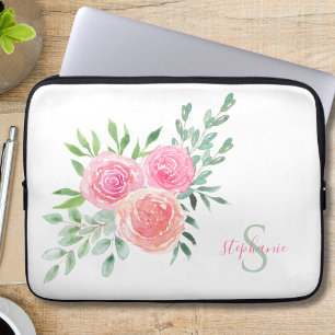 Housse Pour Ordinateur Portable Nom Monogramme Floral Aquarelle