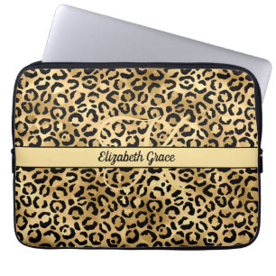 Housse Pour Ordinateur Portable Nom Monogramme Imprimé Léopard Noir Or Cheetah