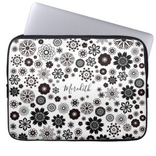 Housse Pour Ordinateur Portable Nom personnalisable Modèle floral noir et blanc