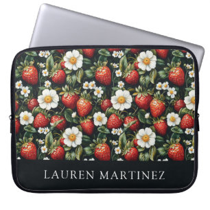 Housse Pour Ordinateur Portable Nom personnalisé Fraises et fleurs