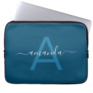 Housse Pour Ordinateur Portable Nom personnalisé simple et bleu monogramme personn