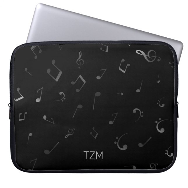 Housse Pour Ordinateur Portable Notes musicales argentées avec Monogramme (Devant)