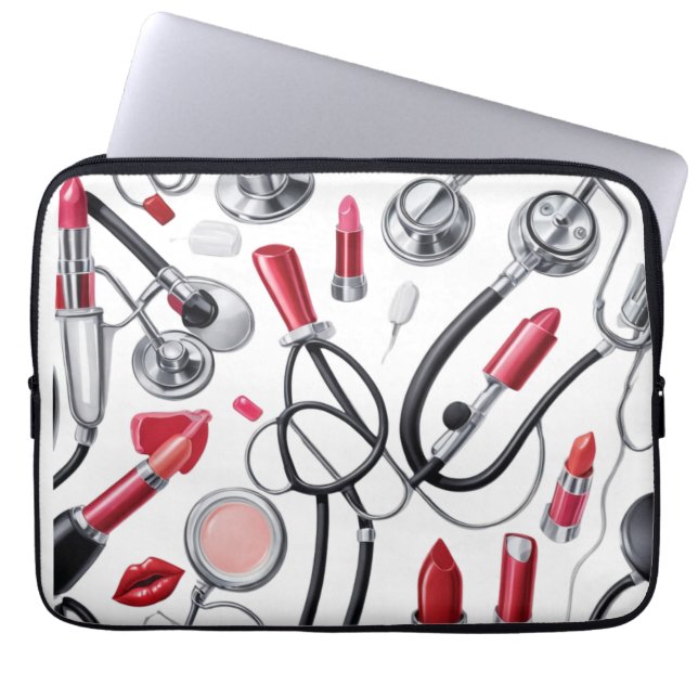 Housse Pour Ordinateur Portable Nurse Glam – Stethoscope & Lipstick Pattern (Devant)