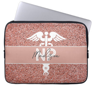 Housse Pour Ordinateur Portable Nurse Practitioner Pink Glitter Caduceus Monogram