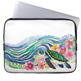 Housse Pour Ordinateur Portable Océan bleu et joyeuse tortue verte