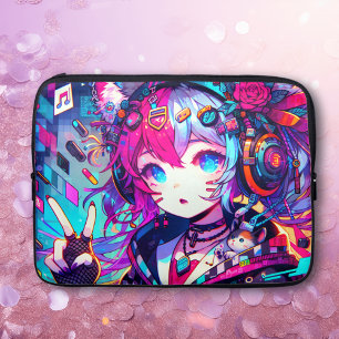 Housse Pour Ordinateur Portable Oeuvre colorée Glitchcore Anime Girl