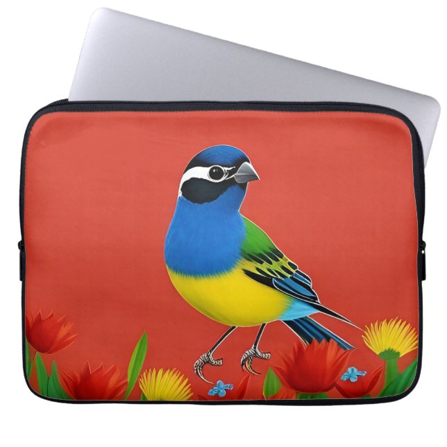 Housse Pour Ordinateur Portable Oiseau Coloré Perché Parmi des Fleurs Vibrantes (Devant)