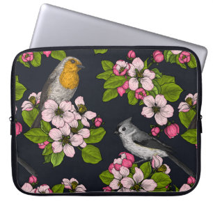 Housse Pour Ordinateur Portable Oiseaux et fleurs en noir