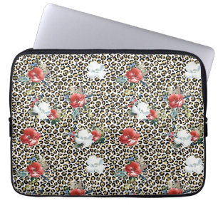 Housse Pour Ordinateur Portable Or Empreinte de léopard Rouge Blanc Floral