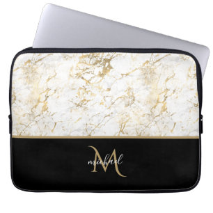 Housse Pour Ordinateur Portable Or noir et marbre Monogramme Luxe élégant  