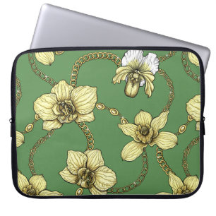 Housse Pour Ordinateur Portable Orchidées et chaînes, jaune et vert kelly