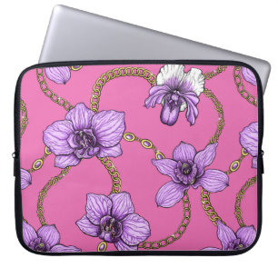 Housse Pour Ordinateur Portable Orchidées et chaînes, violet et rose