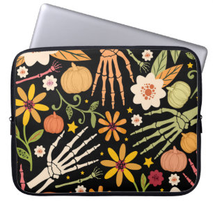 Housse Pour Ordinateur Portable Os d'Halloween, motif floral sans couture.
