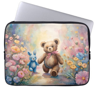 Housse Pour Ordinateur Portable Ours en peluche et lapin dans un jardin pastel