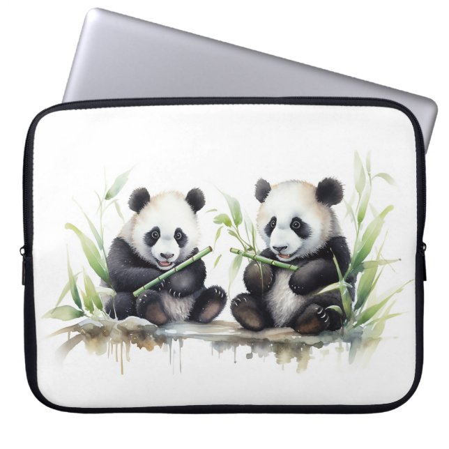 Housse Pour Ordinateur Portable Ours Panda Aquarelle En Bambou (Devant)