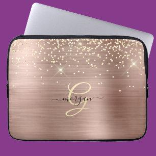 Housse Pour Ordinateur Portable Paillettes dorées, monogramme doré, nom en script