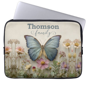 Housse Pour Ordinateur Portable Papillon Bleu Vintage Floral Famille Jardin
