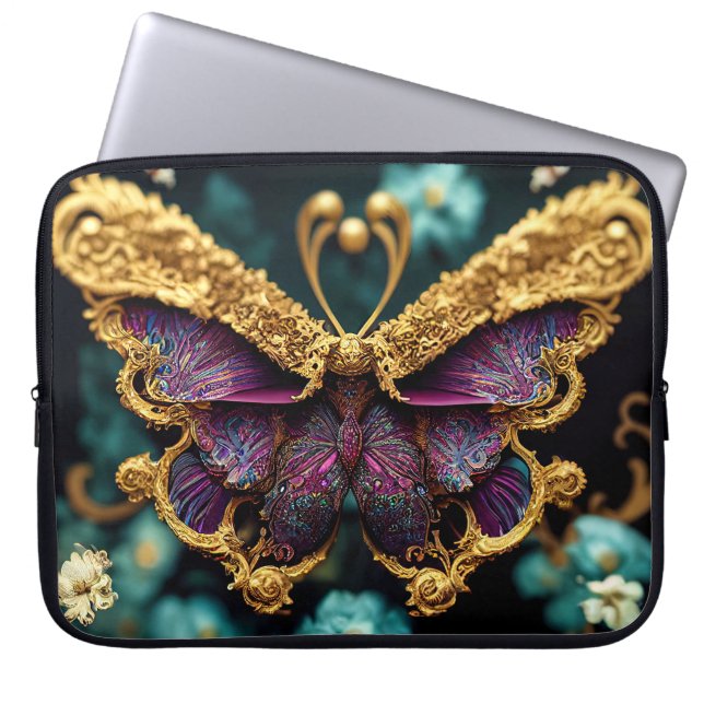 Housse Pour Ordinateur Portable Papillon en pierres précieuses en or (Devant)