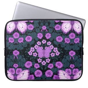 Housse Pour Ordinateur Portable Papillons et symétrie des fleurs, violet et bleu