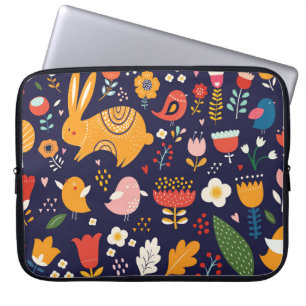 Housse Pour Ordinateur Portable Pâques du printemps : fleurs, collection de lapins