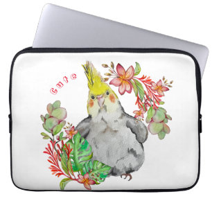 Housse Pour Ordinateur Portable Parrot Corella mignonne dans les fleurs tropicales