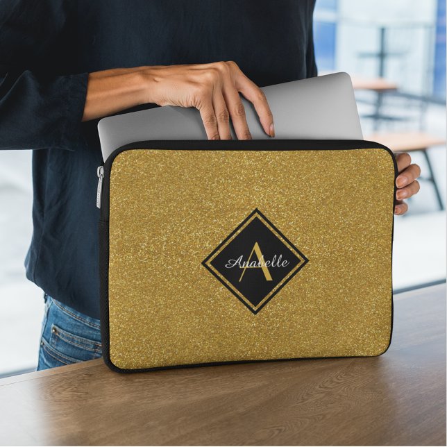 Housse Pour Ordinateur Portable Parties scintillant d'or monogramme élégant (Créateur téléchargé)