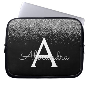 Housse Pour Ordinateur Portable Parties scintillant noire en argent Glam Chic Mono