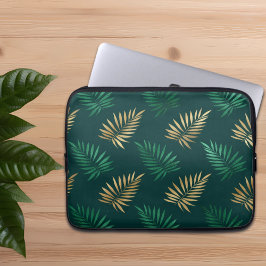 Housse Pour Ordinateur Portable Parties scintillant verte et or sur Feuilles tropi