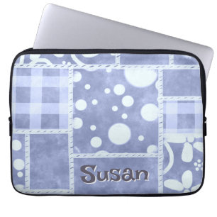 Housse Pour Ordinateur Portable Patchwork fou bleu à carreaux floral personnalisé