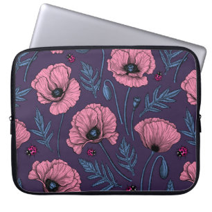 Housse Pour Ordinateur Portable Pavot rose sur violet foncé