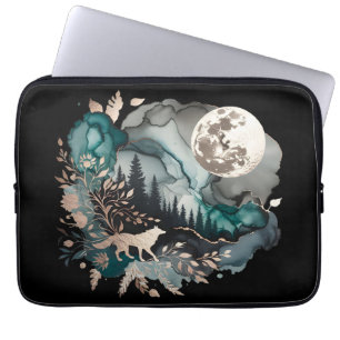 Housse Pour Ordinateur Portable Paysage de loup et lune or Turquoise
