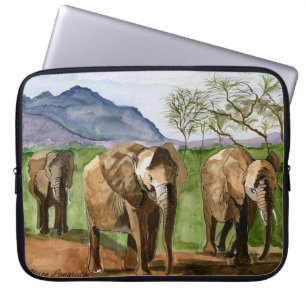 Housse Pour Ordinateur Portable Peinture d'aquarelle des éléphants africains